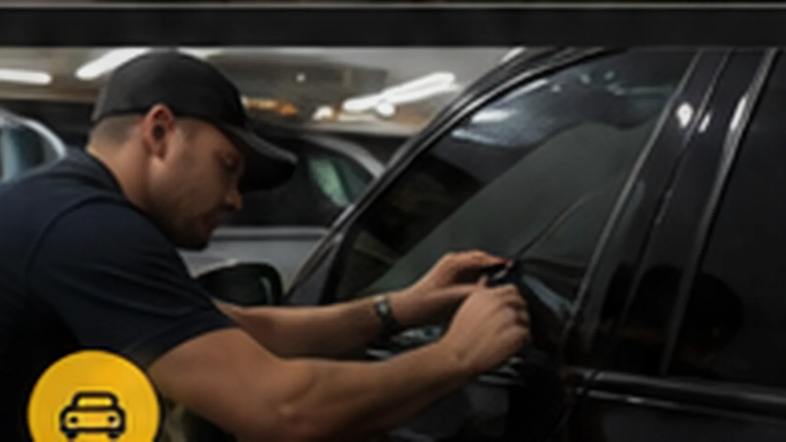 Profissional aplicando película automotiva em vidro lateral de veículo