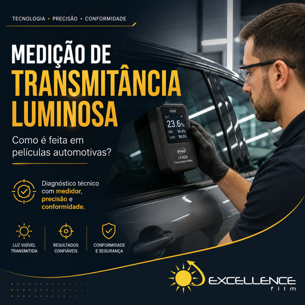 Como é feita a medição de transmitância luminosa em películas automotivas?